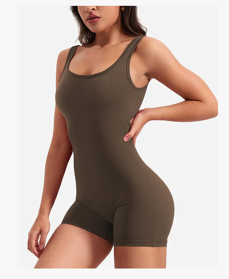 Women's Gym Clothing Yoga Solid Ruched Backless Sleeveless Square Collar Skinny Sexy Rompers Ropa Deportiva Mujer Gym Playsuits
