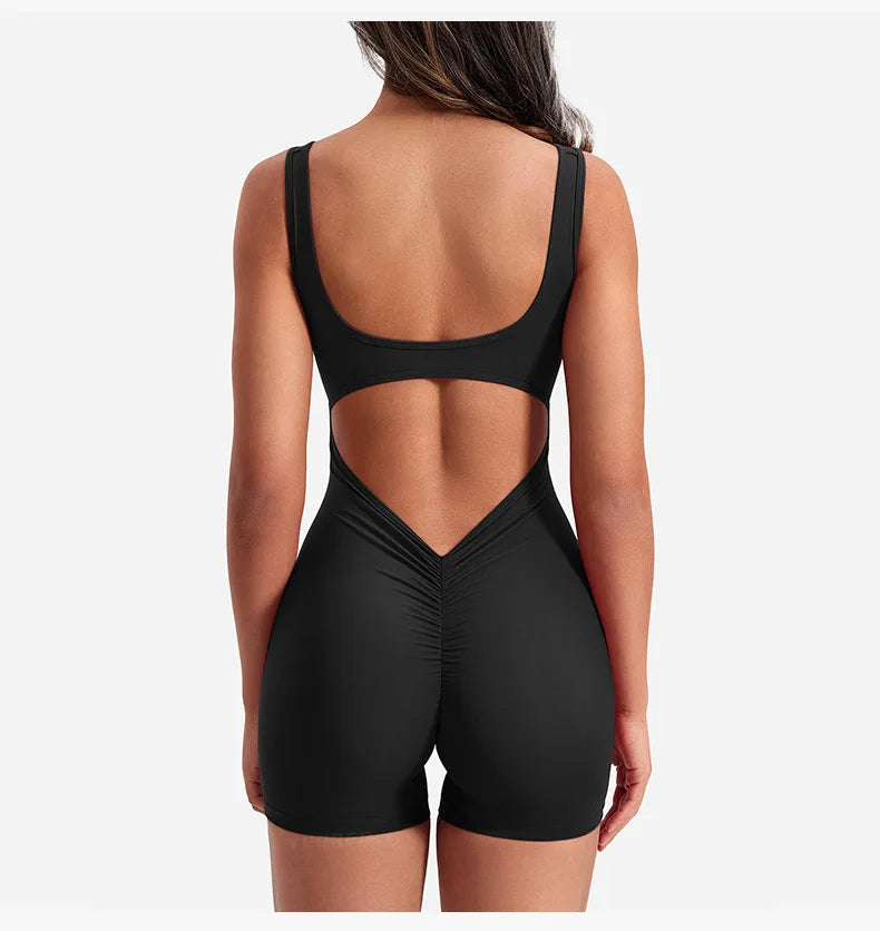 Women's Gym Clothing Yoga Solid Ruched Backless Sleeveless Square Collar Skinny Sexy Rompers Ropa Deportiva Mujer Gym Playsuits