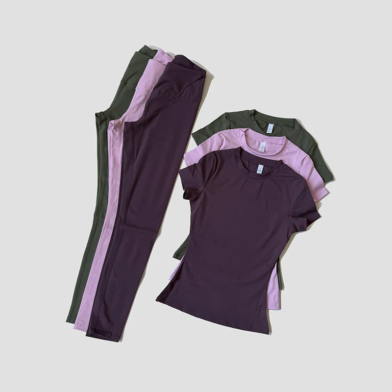 Yoga Set Women Sportswear Workout Clothes Athletic Wear Gym Legging Fitness Crop Top Short Sleeves Sports Suit